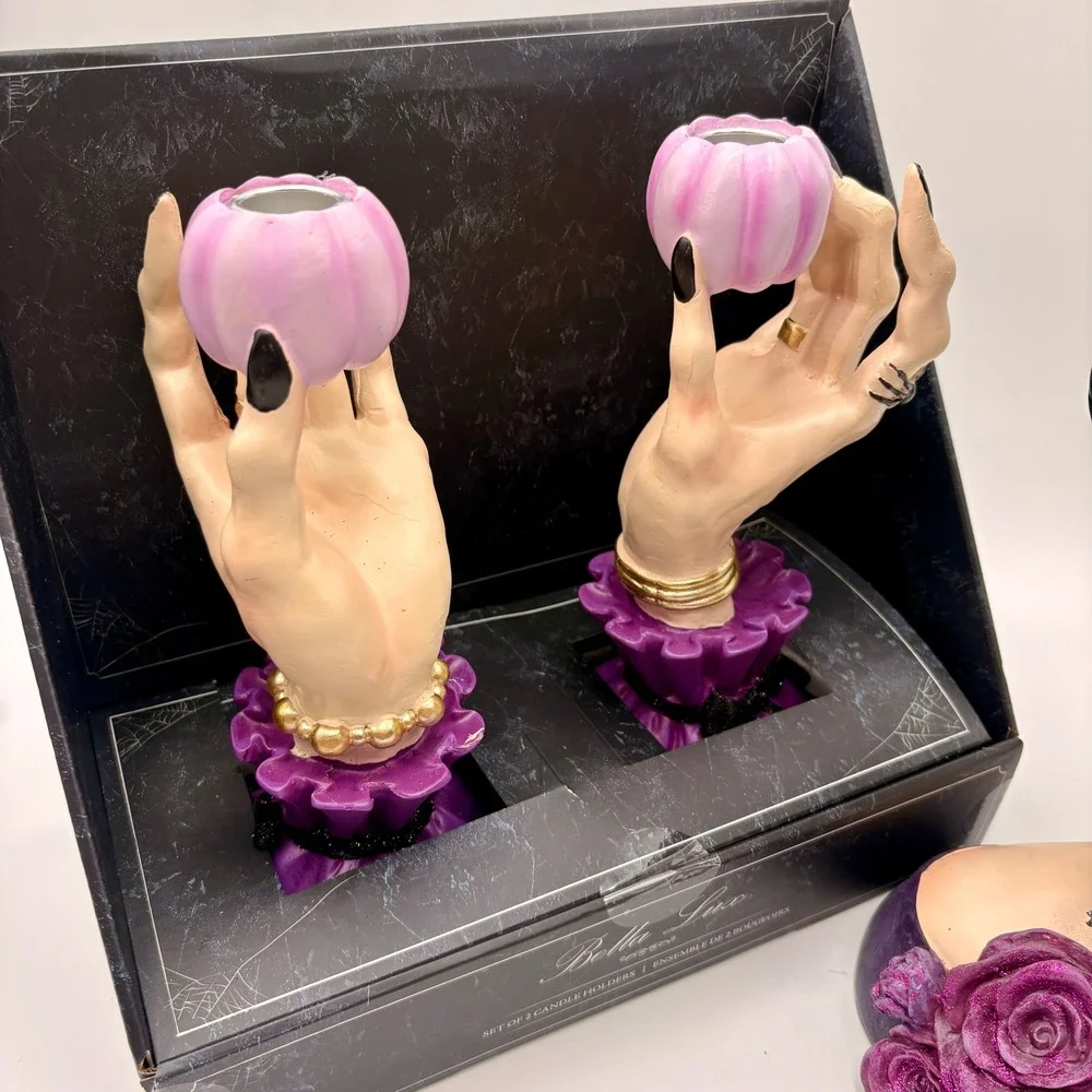 Bella Lux Halloween Bride of Frankenstein Bust & Hand Candle Holder Set Purple